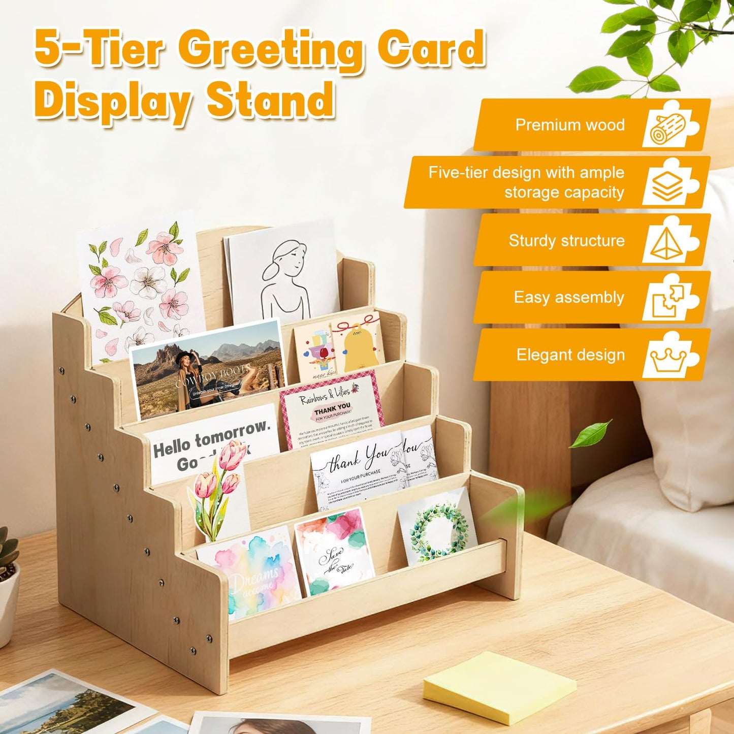 ZANAUWEKED Greeting Card Display Stand Holder,5-Tier Wooden Organizer Rack for Postcards ,Stickers, Bookmarks & Brochure Photos ,Tiered Display Stand for Retail Stores, Stationery Vendors