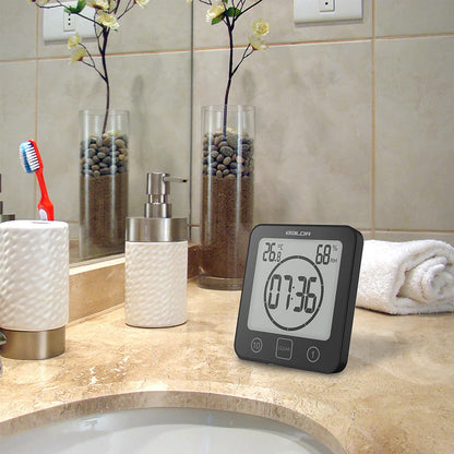 Digital Bathroom Shower LCD Wall Clock with Suction, Waterproof Temperature Humidity Gauge, Touch Screen Timer, Large Countdown Timer (Black)