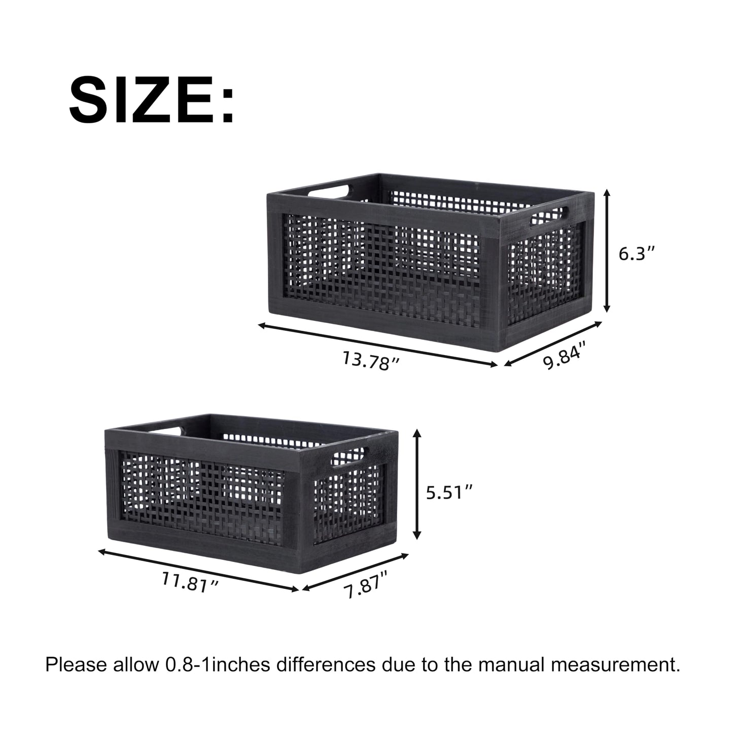 YRLSOTGE Wooden Storage Baskets,Black Woven Bamboo Basket Nesting Boxes with Built-in Handle for Pantry, Kitchen,Living Room,Shelves,Set of 2