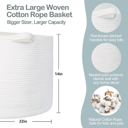 MEGASKET White Cotton Rope Storage Basket, 22" X 22" X 14" Extra Large Blanket Storage Living Room, XL Soft Toy Bin for Organizing, Woven Baby Laundry Basket with Handle, White Wicker Hamper Nursery