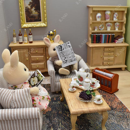 iLAND Miniature Wooden Dollhouse Furniture Set: Sofa, Cabinets, Coffee Table for Dollhouse Living Room (Classic Doll Furniture 7pcs)