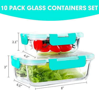 VERONES 10Pack Glass Meal Prep Containers, Airtight Glass Lunch Containers