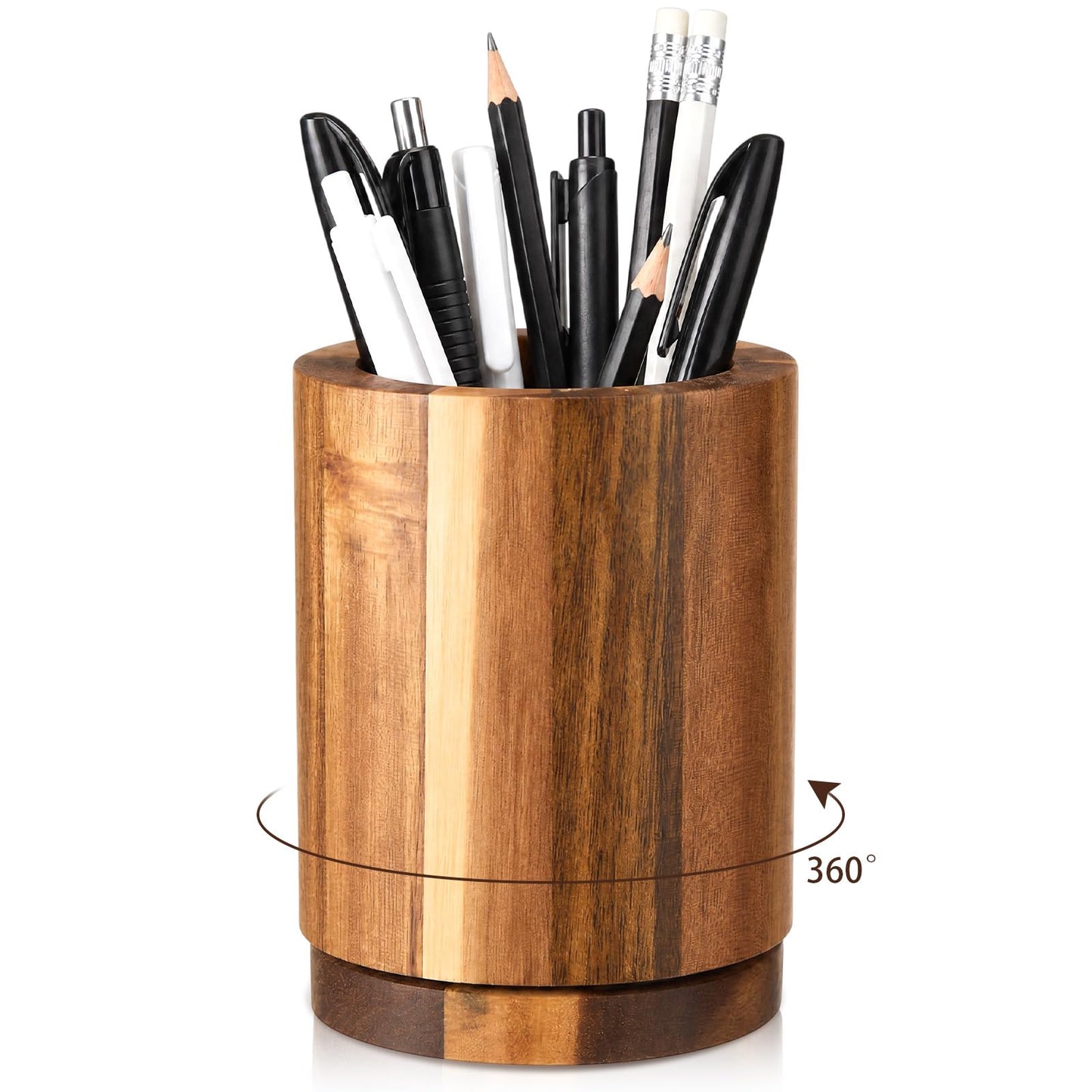 ForraFun 360° Rotating Pen & Pencil Holders Accessories Acacia Wood Desktop Pencil Holder Containers Farmhouse Stationery Organizer Stand for Office Table Desk Accessory