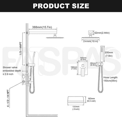Matte Black Shower System with 10-Inch Rain Showerhead and Tub Spout | cUPC-certified pressure balance brass valve to prevent scalding, CEC-certified air injection technology for low pressure