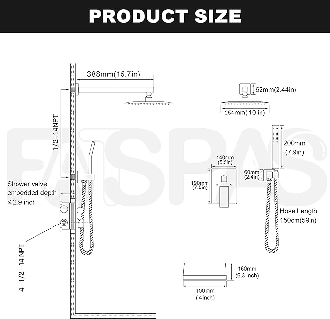 Polished Chrome Shower System with 10-Inch Rain Showerhead and Tub Spout | cUPC-certified pressure balance brass valve to prevent scalding, CEC-certified air injection technology for low pressure