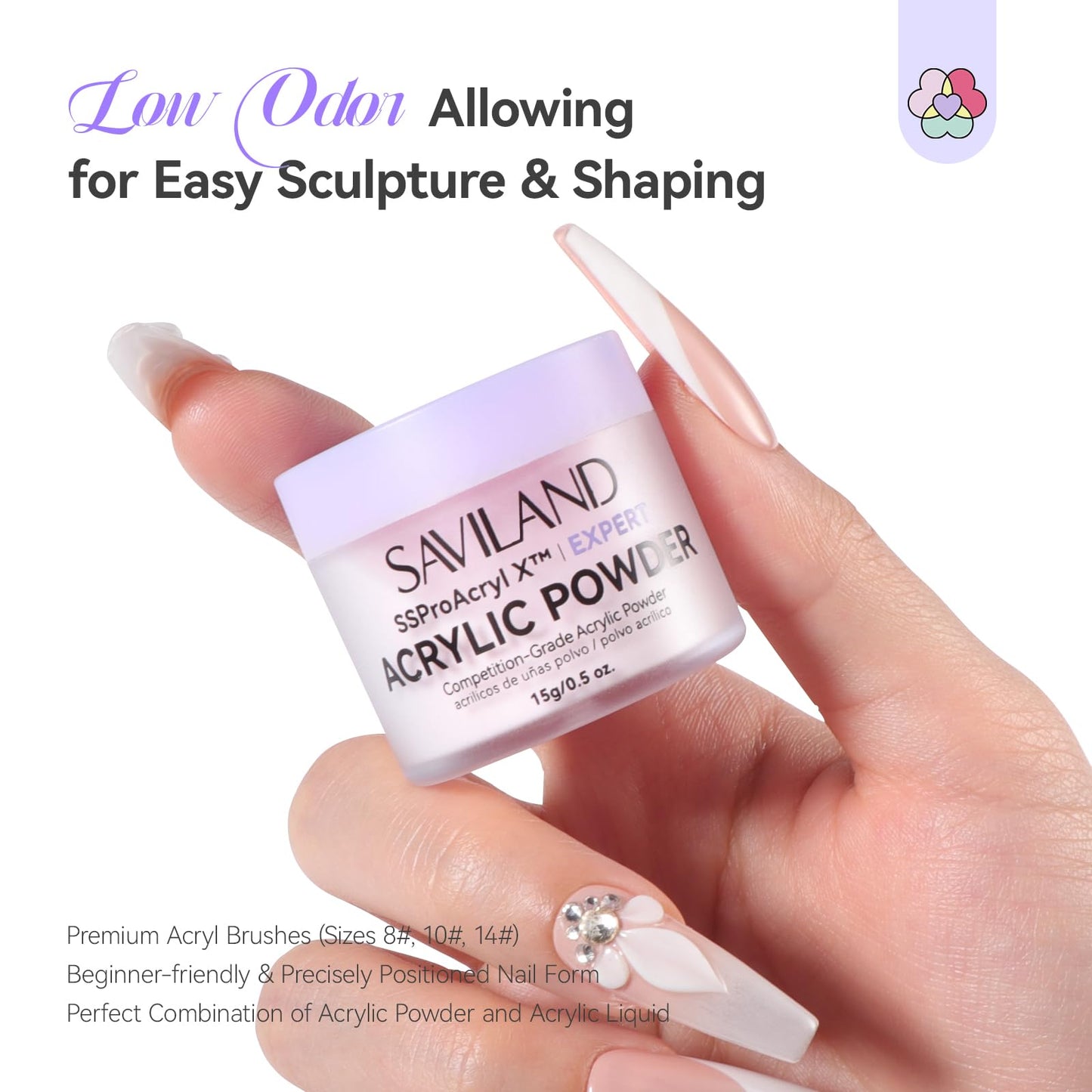 SAVILAND Essentials Acrylic Nail Kit Starter: Acrylic Nail Kit for Beginners with Everything White Pink Clear Acrylic Powder and Liquid Set #8/10/14 Nail Brush Forms Manicure Tools Home Nail Salon DIY