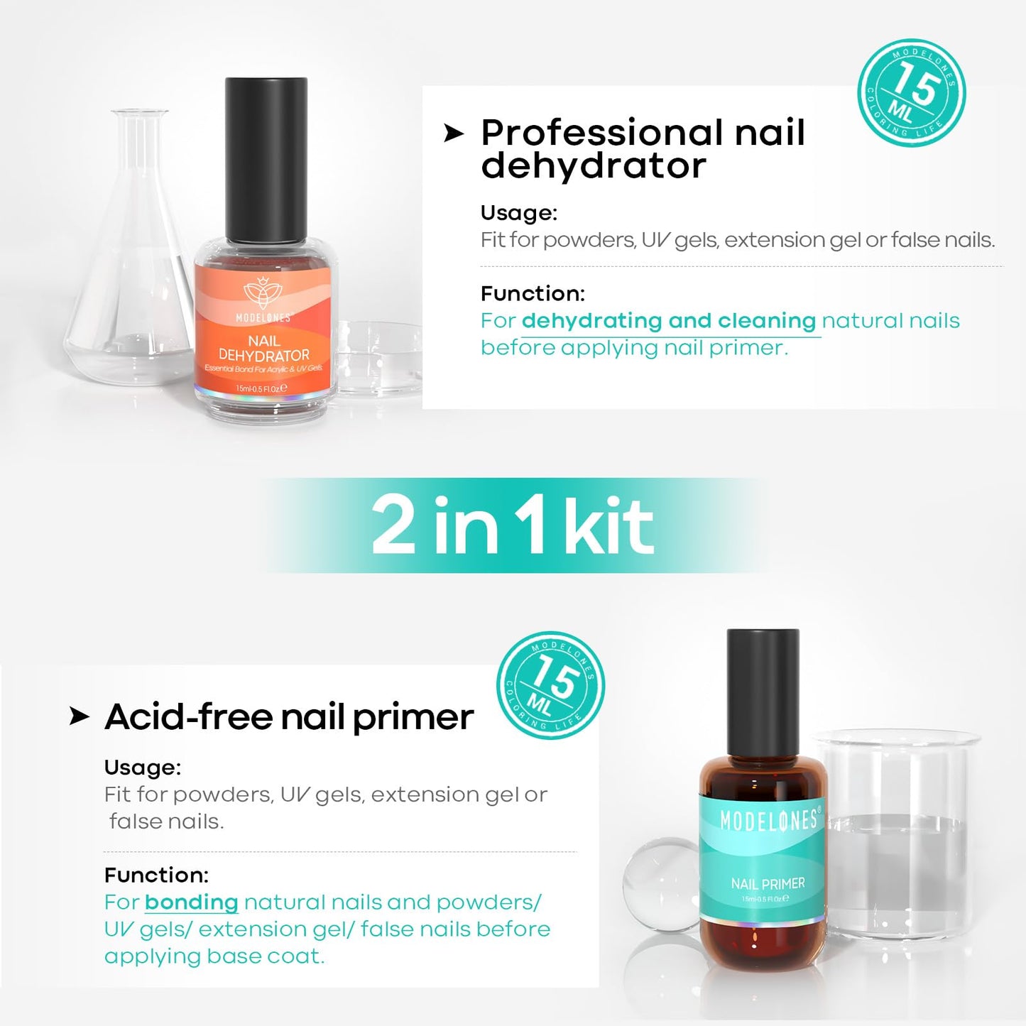 modelones 15 ml Nail Dehydrator and Primer, Acid Free Base Coat Natural Prep Dehydrate & Bond Primer Kit, Hema-Free Acrylic Nail Supplies