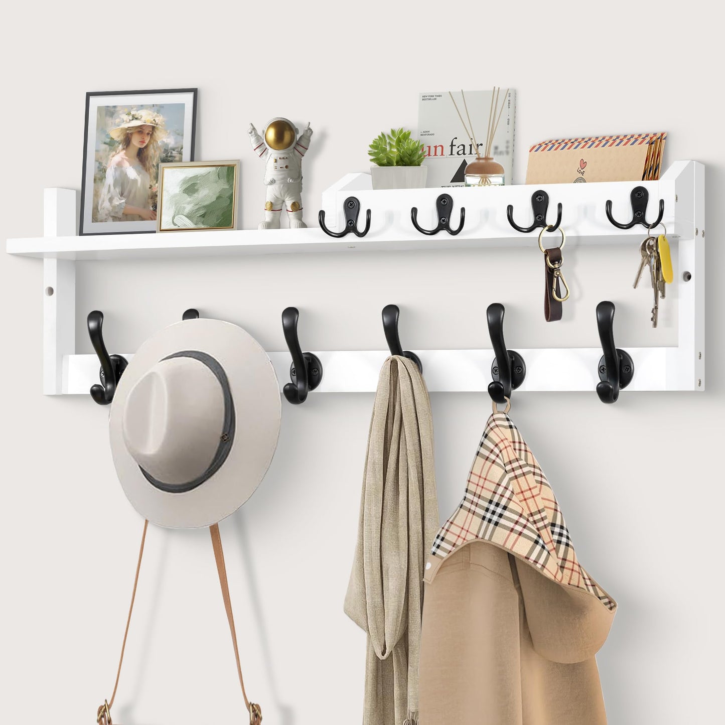 GODDGITT Coat Rack Wall Mount with Shelf, 27.5" Entryway Wall Hanging Shelf, Coat and Key Hanger with 10 Dual Hooks, Mail Organizer and Key Holder Hat Rack for Wall, Wood Coat Hooks with Storage