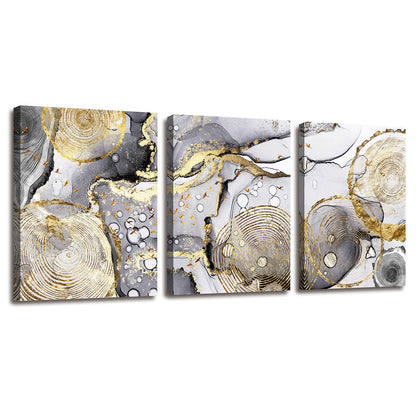 Gold Abstract Wall Art 3 Pieces Modern Framed Artwork Black and White Grey Gold Fluid Ink Annual Rings Pictures Canvas Prints Painting for Living Room Bedroom Kitchen and Office Wall Decor 12x16inx3