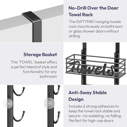 SWTYMIKI Hanging Towel Racks for Bathroom - 6 Tier Over The Door & Wall Mounted Bath Rolled Towel Storage Organizer Holder for Small Bathroom, RV, Camper, Black (Patented)