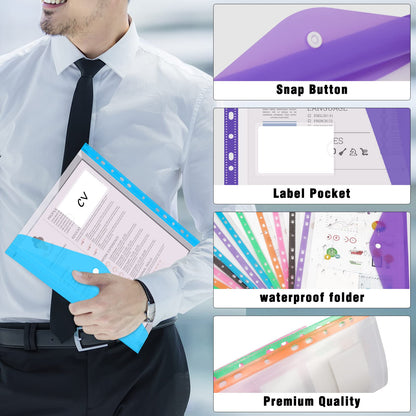 Colorlife Binder Pocket 12 Pack Plastic Envelopes Binder Folders 11 Holes Expandable Binder Folders for 2/3/4 Ring Document Pouch with Snap Button & Label Loose-Leaf Transparent for Office School Home