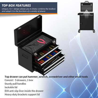 Granper 5-Drawer High Capacity Rolling Tool Box, Removable Cabinet Storage Tool Chest with Wheels and Drawers, Detachable Toolbox with Lock for Mechanics Garage Workshop and Tool Room (Black)