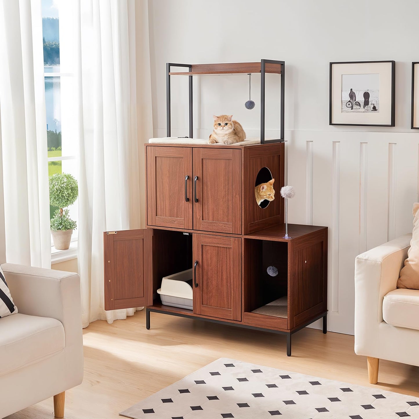 HOOBRO Litter Box Enclosure, Litter Box Furniture with Storage, 2-in-1 Hidden Cat Furniture with Shelf, 2 Dangling Plush Balls and 1 Toy Ball, Large Wooden Cat Washroom, Walnut WL78MW01