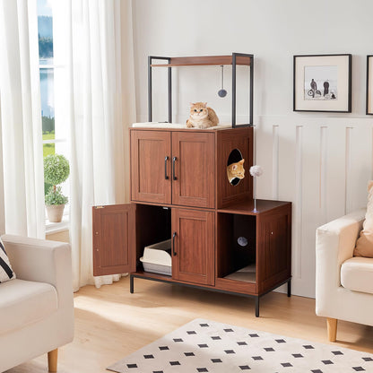 HOOBRO Litter Box Enclosure, Litter Box Furniture with Storage, 2-in-1 Hidden Cat Furniture with Shelf, 2 Dangling Plush Balls and 1 Toy Ball, Large Wooden Cat Washroom, Walnut WL78MW01