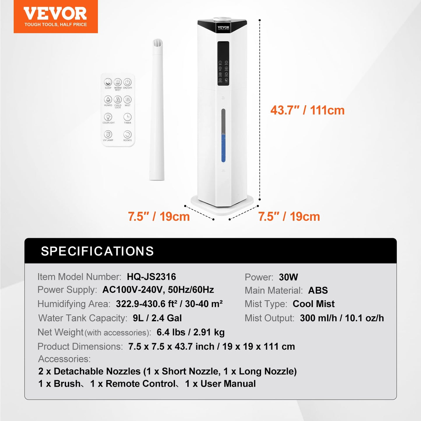 VEVOR Humidifier for Home Large Room, Commercial Humidifier for Whole House 1291.7 sq ft, 16L Water Tank & Night Light & 12h Timer & Auto Shut-Off, Greenhouse, Commercial Branch Tube w/ 360° Nozzle