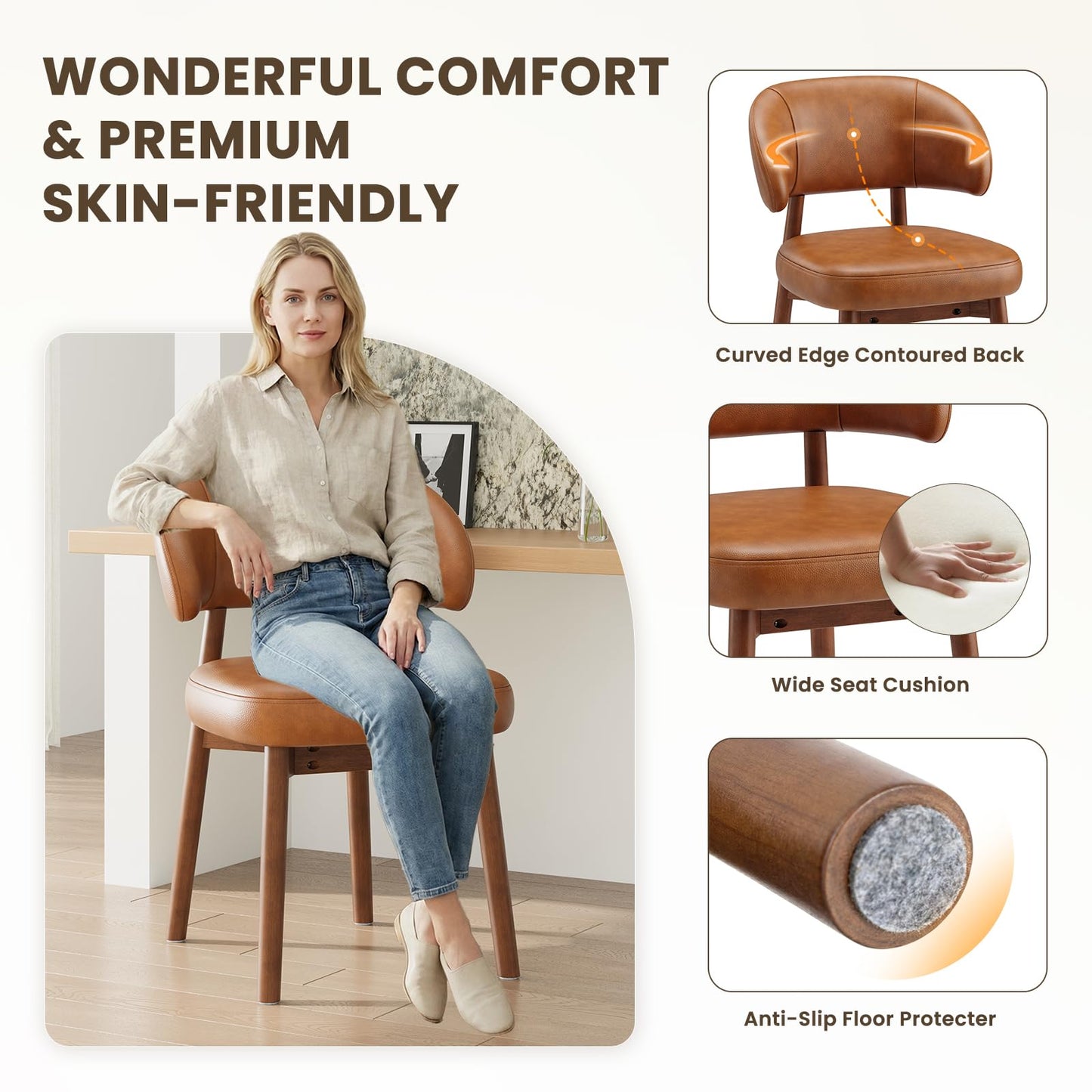 MALOL Wooden Dining Chairs Set of 2, Modern Upholstered Dining Room Chair, PU Leather Kitchen Side Chairs with Curved Open Back for Living Room/Restaurant/Cafe, Brown