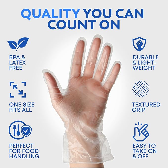 Disposable Plastic Gloves 100 Pack – Food Safe, BPA & Latex-Free HDPE Cryogenic Gloves for Cooking, Food Prep, Kitchen Use, Serving & Crafts – Clear, Single-Use, Comfortable Fit