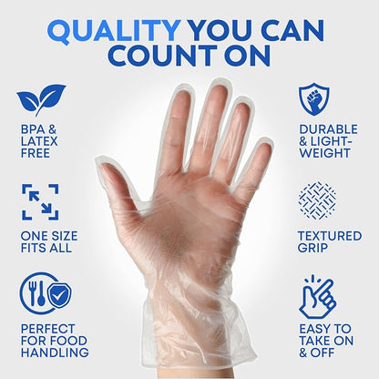 Disposable Plastic Gloves 100 Pack – Food Safe, BPA & Latex-Free HDPE Cryogenic Gloves for Cooking, Food Prep, Kitchen Use, Serving & Crafts – Clear, Single-Use, Comfortable Fit
