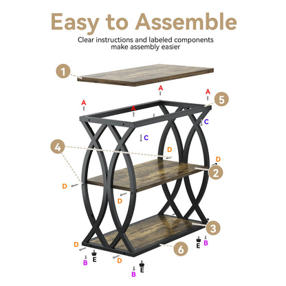 FJLHOHG End Table, Narrow Side Table, 3-Tier End Table with Metal Frame, Living Room Side Table with Storage for Couch, Sofa, Bedroom, Small Spaces, Easy Assembly, 23.6"D*11.8"W*23.6"H, Rustic Brown