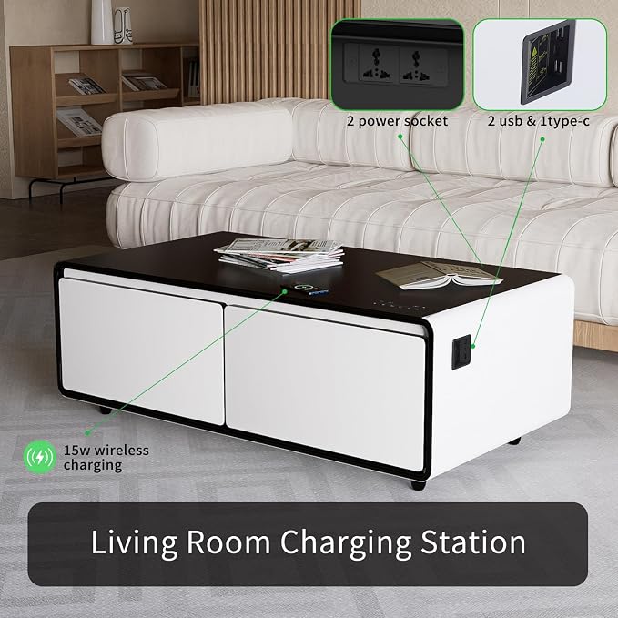 Smart Coffee Table with Fridge and Bluetooth, Smart Refrigerator Table with Dual Speakers, 15W Wireless Charger, Control Panel, Outlet Protection, USB Port, Atmosphere Light, LT135 Pro-White
