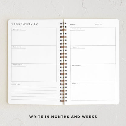 Minted Campania 2026 Weekly & Monthly Undated Planner, 5.5" x 8.5" Yellow Stripe Spiral Bound Planner Notebook, 132 Pages, Bright Modern Undated Calendar for Office, Home & School