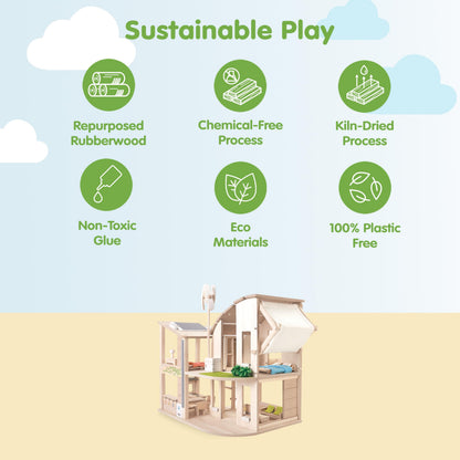 PlanToys® Green Wooden Dollhouse with Furniture | Eco Friendly Doll House with Solar Panel, Wind Turbine & Recycling System | Pretend Play Dollhouse for Sustainable Living Role Play