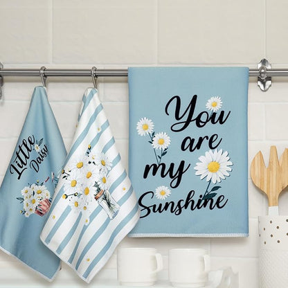 Boyiee Set of 6 Daisy Flower Kitchen Towels Daisy Stripes Tea Towels Floral