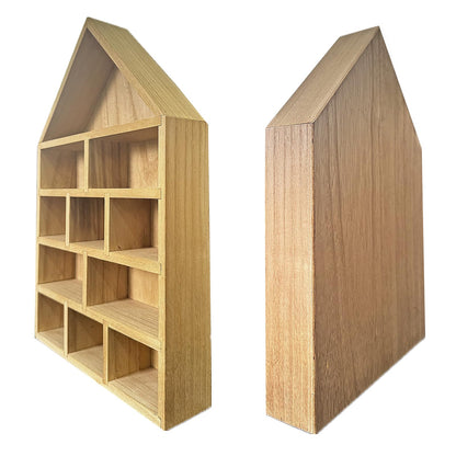 TANG SONG 1 PC 11-Slot Wooden House-Shaped Mini Figures Cubby Box Display Shelf Organizer Storage Box (Light Brown)
