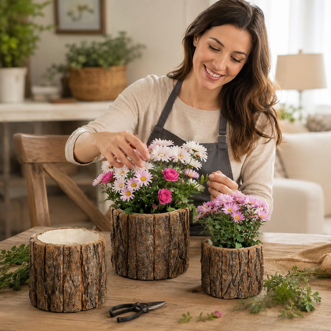 Garneck 3 Pcs Wooden Flower Pots Wood Bark Planters Rustic Tree Stump Containers: Small Natural Log Barrel Buckets for Indoor Outdoor Plants Succulents Home Garden Decor