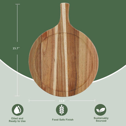Acacia Wood Round Cutting Board with Handle, Pizza Cutting Boards for Kitchen, Small Wooden Chopping Board, Charcuterie Serving Boards for Cheese, Meat, Vegetables, Bread, 15.7" x 11.8"