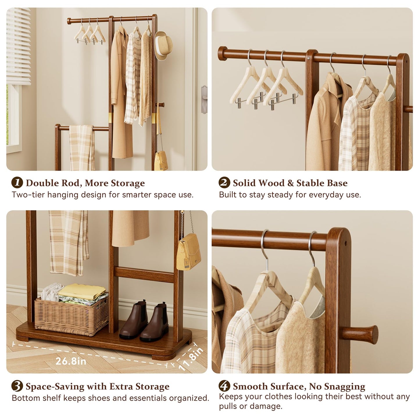 Wamhom Solid Wood Coat Rack, Freestanding Standing Clothes Rack with Double Hanging Rods for Coats, Jackets, Wooden Coat Tree Garment Rack for Bedroom Entryway Hallway, Space Saving Small Coat Rack