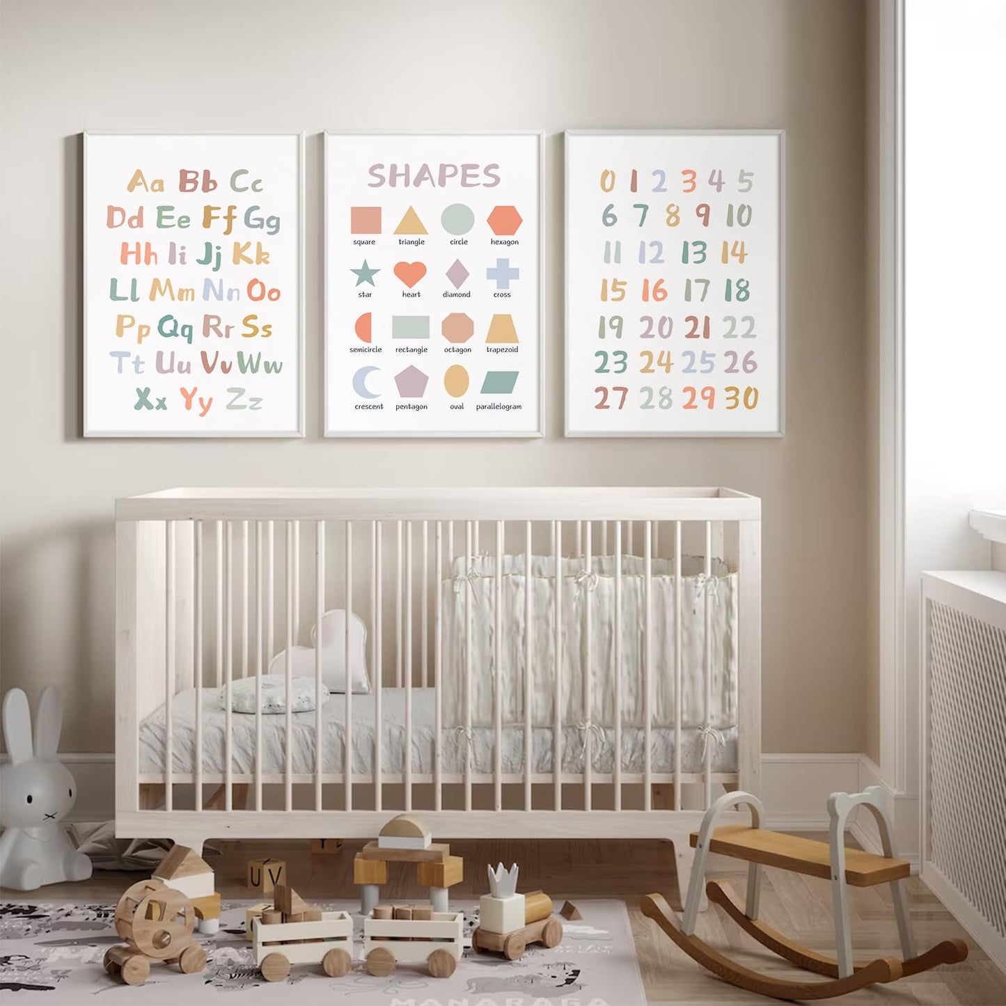 Kids Playroom Wall Art Decor Nursery ABC Alphabet Poster Play Room Canvas Wall Decor Toddler Childrens Educational Artwork Numbers Shapes Prints ABC Picture for Playroom 12x16 Inch Unframed Set of 3