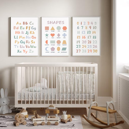 Kids Playroom Wall Art Decor Nursery ABC Alphabet Poster Play Room Canvas Wall Decor Toddler Childrens Educational Artwork Numbers Shapes Prints ABC Picture for Playroom 12x16 Inch Unframed Set of 3