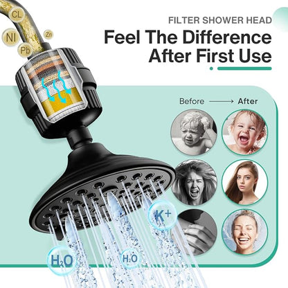 Cobbe 6-Setting High Pressure Filtered Shower Head Combo, Detachable Rain Shower Head with 20 Stage Shower Head Filter for Hard Water - Remove Chlorine and Harmful Substances, Black