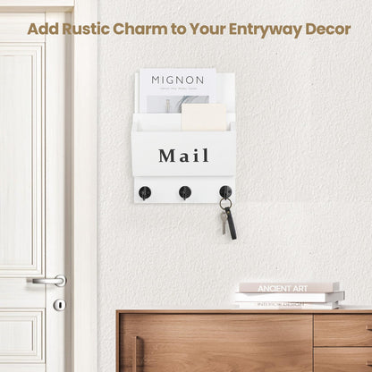 Lucundm Mail and Key Holder - Decorative 8.86" x 11.42" Wall Key Hanger with 2 Mail Organizer Slots and 3 Hooks - Real Paulownia Wood with Keyhole Brackets, Hardware and Instructions (White)