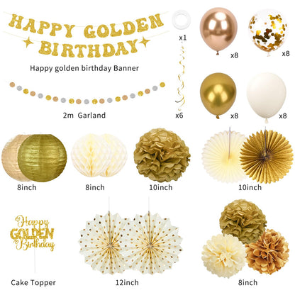 Golden Birthday Party Decorations,Gold Birthday Decorations with Happy Golden Birthday Banner,Paper Lanterns,Tissue Pom Poms,Fan,Gold Cream Balloons for Women Men,Photo Backdrop Decor,Gold Party