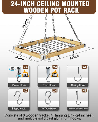 Cooks Standard Classic Ceiling Wood Pot Rack, 24x18 Inch Heavy Duty Hanging Cookware Organizer with Metal Grate & Solid Cast Aluminum Hooks, Movable Tracks Design