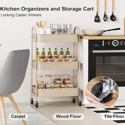 Beige 3 Tier Rolling Cart Metal on Wheels, Three Tiered Storage Organizer Utility Trolley with Wheels for Art, Craft, Baby Diaper Caddy, Snack, Book, Nail, Lash, Cleaning Supplies, Kitchen, Bathroom