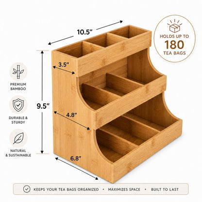 Theodore Tea Bag Organizer – Wooden Tea Organizer and Storage for Home, Kitchen, Office – 180 Tea Bag Holder - Vertical Display Tea Box. Also for Coffee Pods, Sugar, Sweeteners and Creamers.