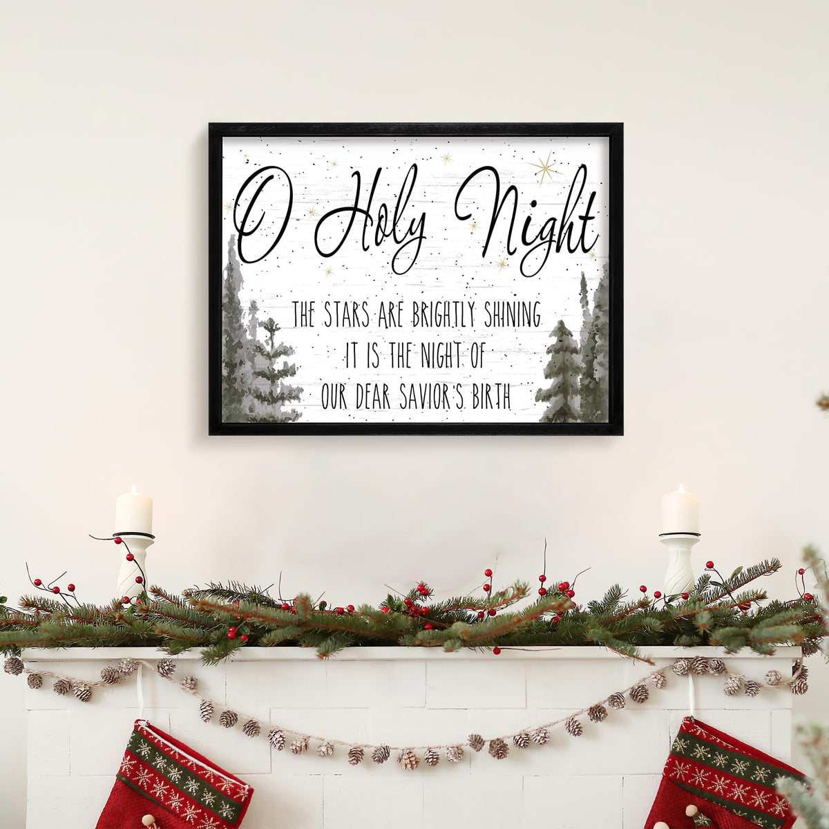 Ronasip Framed Christmas Wall Decor - O Holy Night Wooden Wall Art with Scripture (THE STARS ARE BRIGHTLY SHINING), Rustic Christmas Artwork, Xmas Home Decor, Winter Wall Sign (12"x16.5", Black)