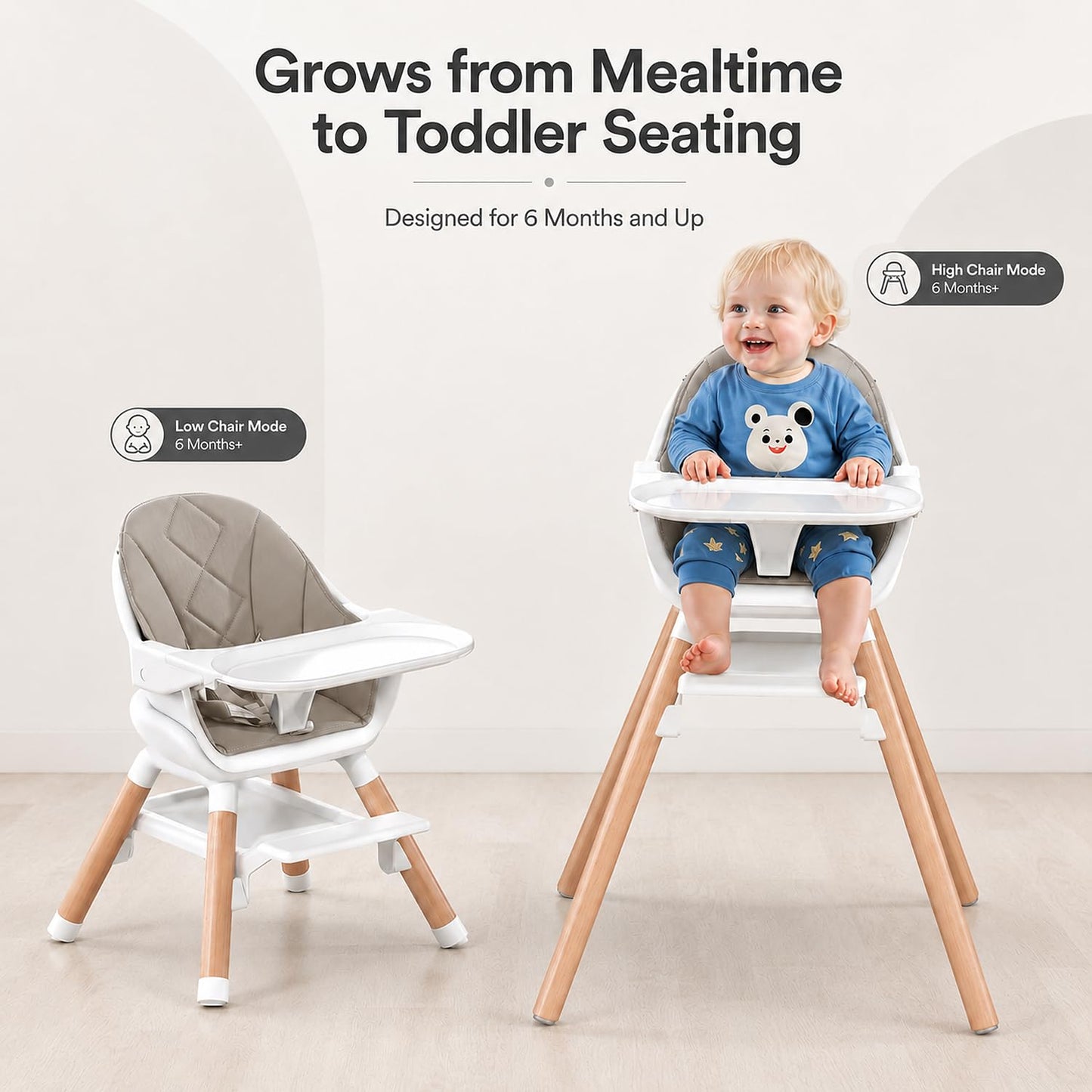 DDIOYIUR Baby High Chair, 6 in 1 Convertible High Chairs for Babies and Toddlers, Easy Clean Highchair with Removable Double Tray, 5-Point Harness, Reversible Footrest, Beech Wood Legs, Champagne