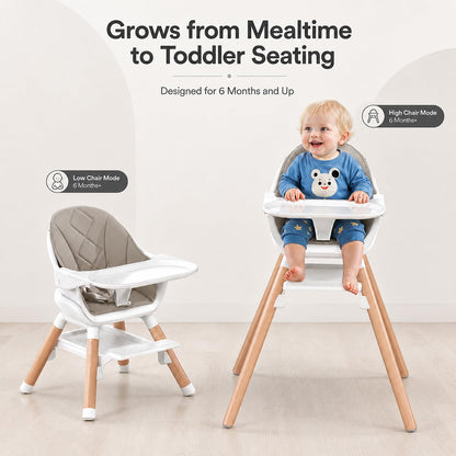 DDIOYIUR Baby High Chair, 6 in 1 Convertible High Chairs for Babies and Toddlers, Easy Clean Highchair with Removable Double Tray, 5-Point Harness, Reversible Footrest, Beech Wood Legs, Champagne
