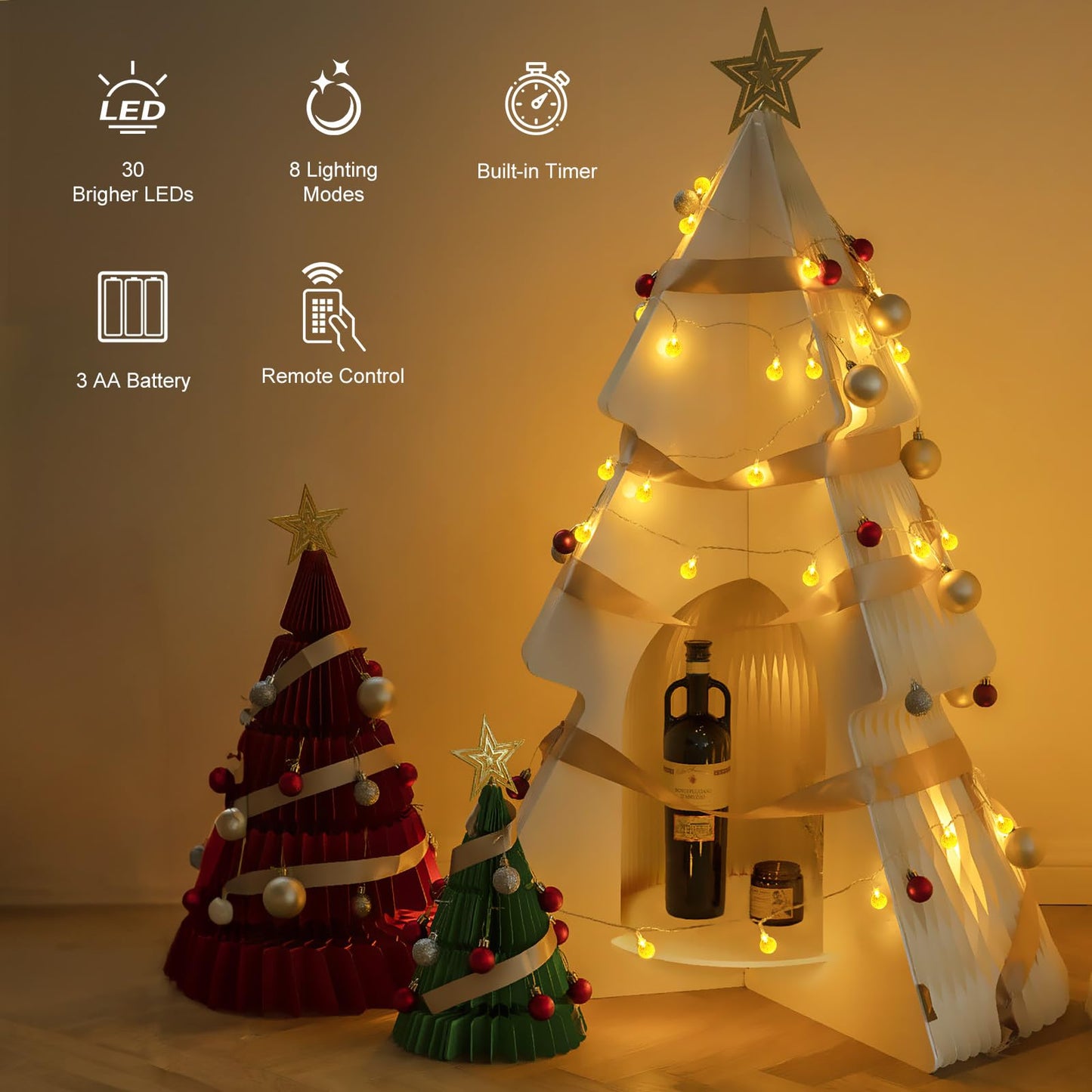 Minetom Crystal Globe String Lights Battery Operated - 17 ft 30 LED Globe Fairy Lights with Remote and 8 Modes, Waterproof for Bedroom Tent Loft Camping Porch Patio Party Wedding Decor, Warm White