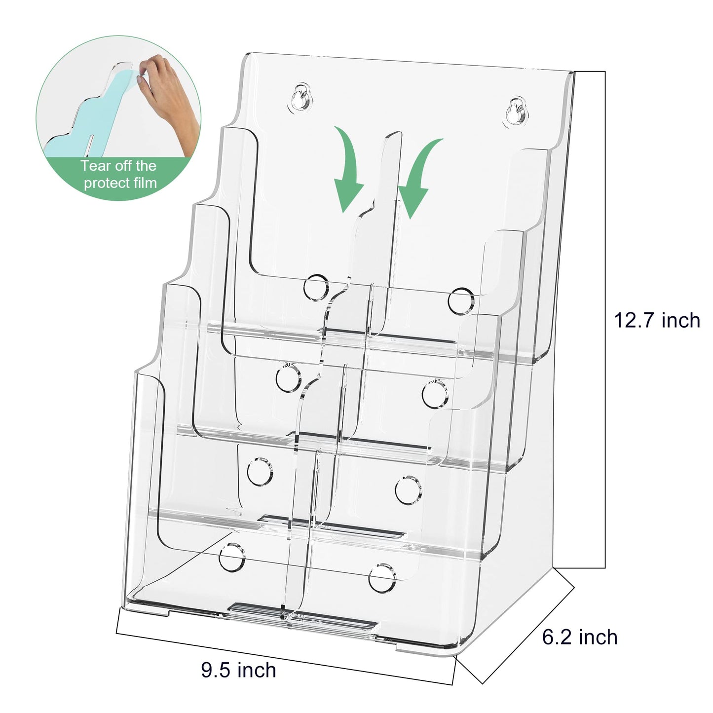 zavekia 4 Tier Acrylic Brochure Holder 8.5 x 11 inch, Clear Literature Organizer Magazine Stand with Removable Divider for 4 x 9 inch Brochures,Magazine Holder,Flyer Holder