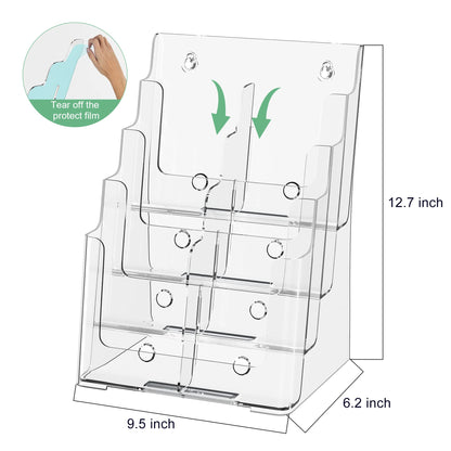 zavekia 4 Tier Acrylic Brochure Holder 8.5 x 11 inch, Clear Literature Organizer Magazine Stand with Removable Divider for 4 x 9 inch Brochures,Magazine Holder,Flyer Holder