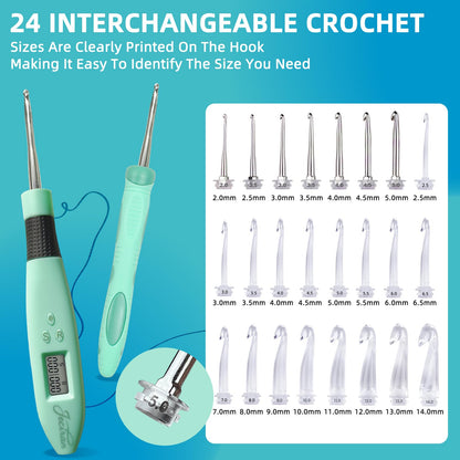 Jeciran 24 Interchangeable Heads Light Up Crochet Hook Set with Digital Stitch Counter,Ergonomic Rechargeable LED Crochet Hooks for Dark Yarn & Arthritic Hands,Knitting Tool Kit,Gifts for Crocheters