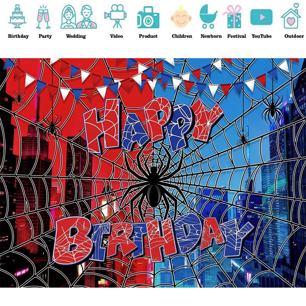 Spider Web Backdrop for Photography Superhero Photo Backdrop Red Blue City Spider Photo Background Children Boys Baby Shower Birthday Party Decorations Supplies Photo Studio Prop Banner XH015 (7x5ft)