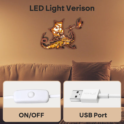 3D Wooden Animals Carving LED Night Light, Dragon Decor Wood Carved Lamp Cabin Statues Rustic Figurines Wall Hanging Sculpture Silhouette Ornament for Living Room Bedroom Home Room for Birthday Gifts