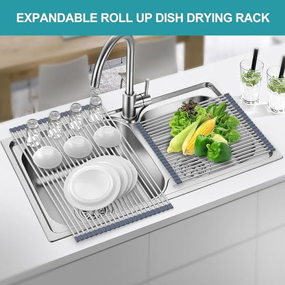 BBXTYLY Extra Large Expandable Roll Up Dish Drying Rack,Over The Sink Drying Rack Sink Cover Kitchen Sink Accessories Kitchen Rolling up Stainless Steel Drainer, Foldable,Rollable（Grey，22.8'-17.3''）