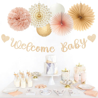 Champagne-Gold Fall Boho Baby Shower Party-Decorations - 21pcs Girls Welcome Baby Banner,Beige One Sweet Peach Paper Lanterns Pom Poms, Neutral Streamers Garland Decor Favors Huglony